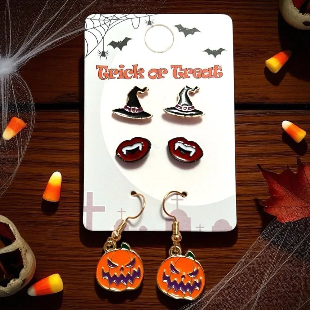 ⭐️3/$25⭐️ Halloween Earring Set with Witch Hat and Jack-O-Latern Designs